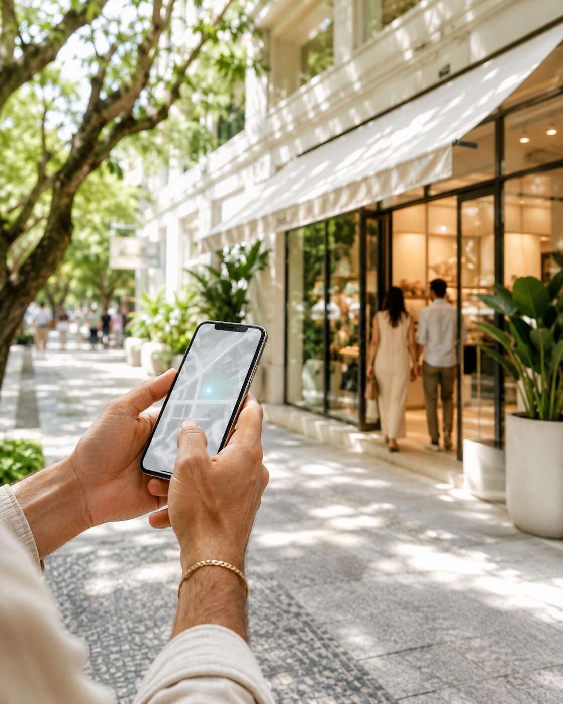 Mãos com celular na rua, a fachada do negócio acesa ao fundo