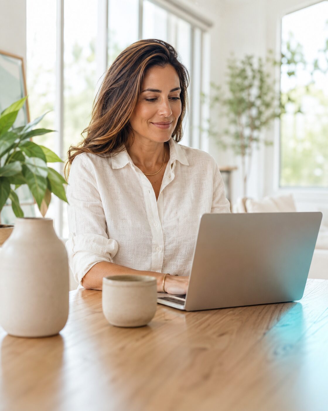 Cliente vendo o site no sofá, à vontade, tela desfocada
