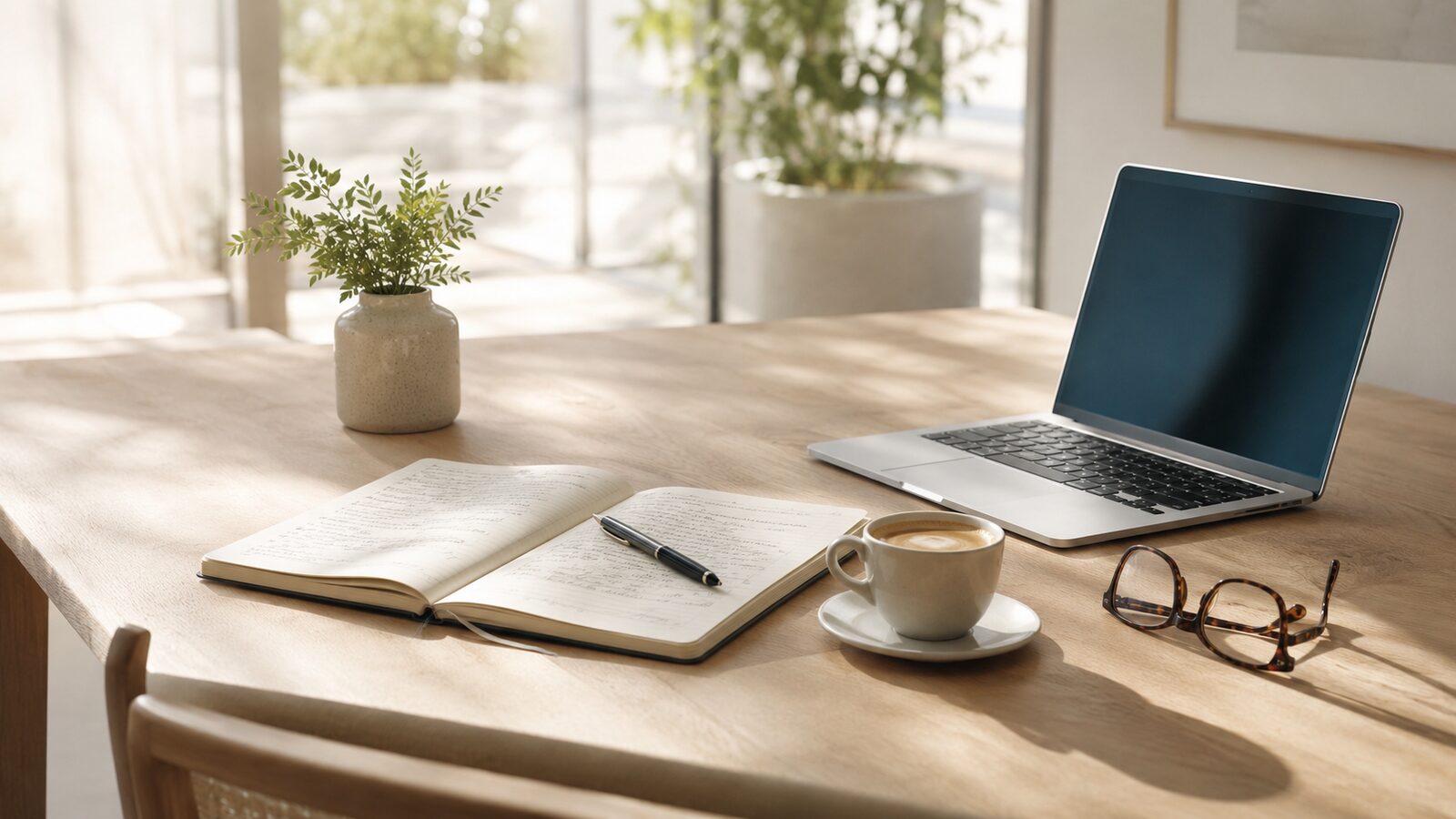 Mesa de trabalho com notebook aberto, caderno, caneta e xícara de café
