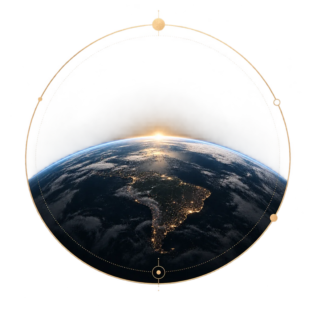 A Terra vista do espaço dentro de um círculo dourado, ao amanhecer